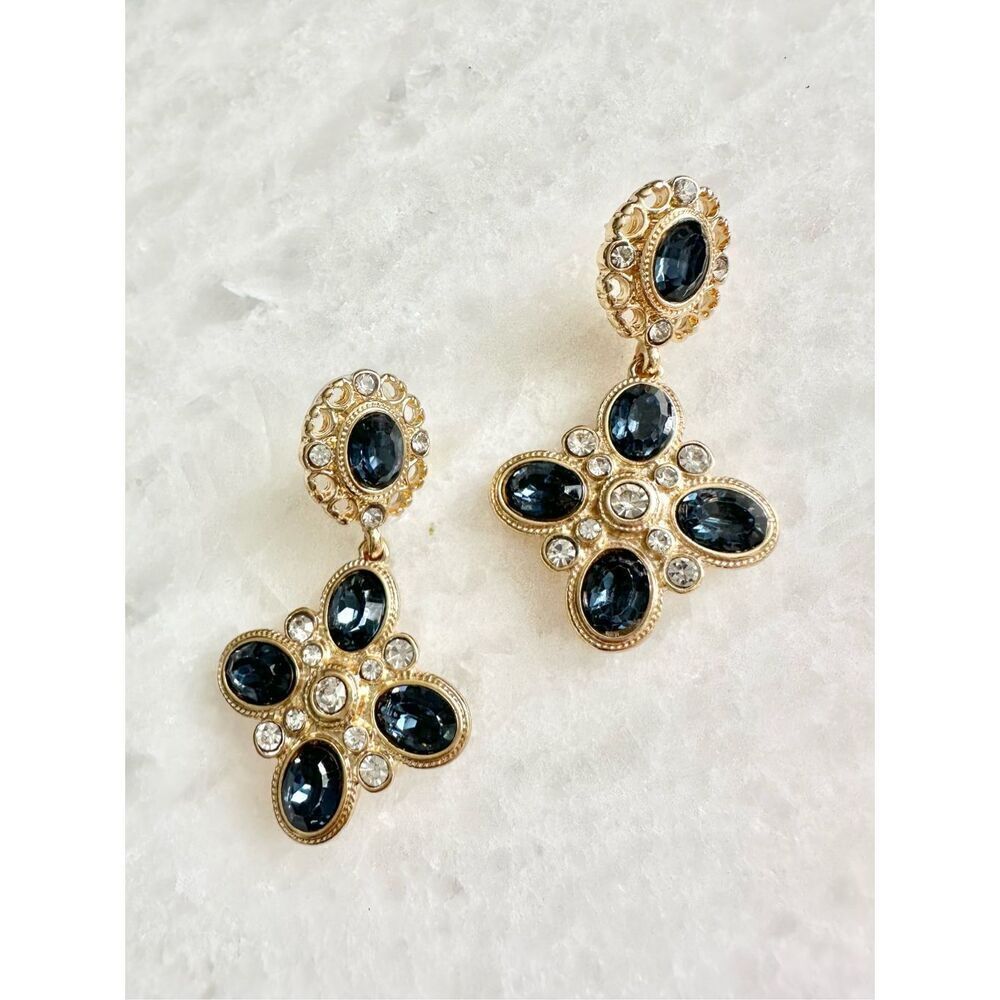 Smoky blue regal flower style dingle earrings 